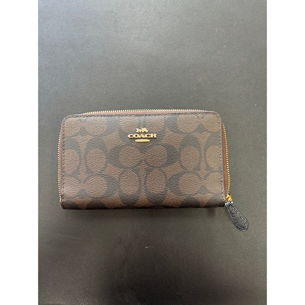 NWT Coach Signature Zip Around Wallet Brown Black Canvas Leather F88913 Gold - Picture 6 of 10